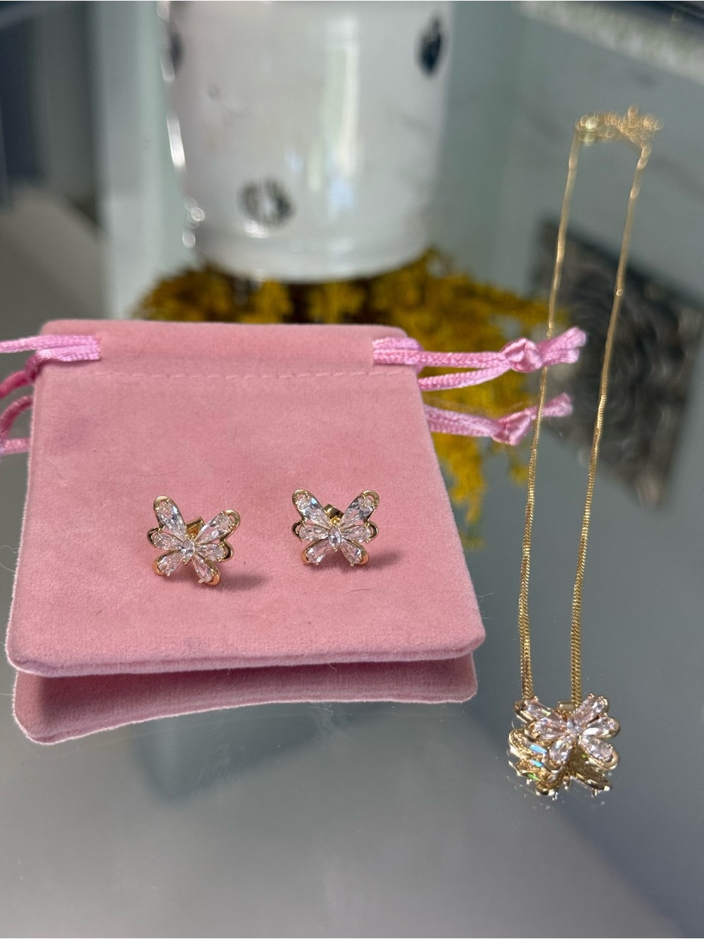 Gold-Tone Pink Crystal Butterfly Necklace and Stud Earrings Set